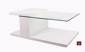 CT-112.Современный большой журнальный стол с стеклянной столешницей и белым глянцевым основанием